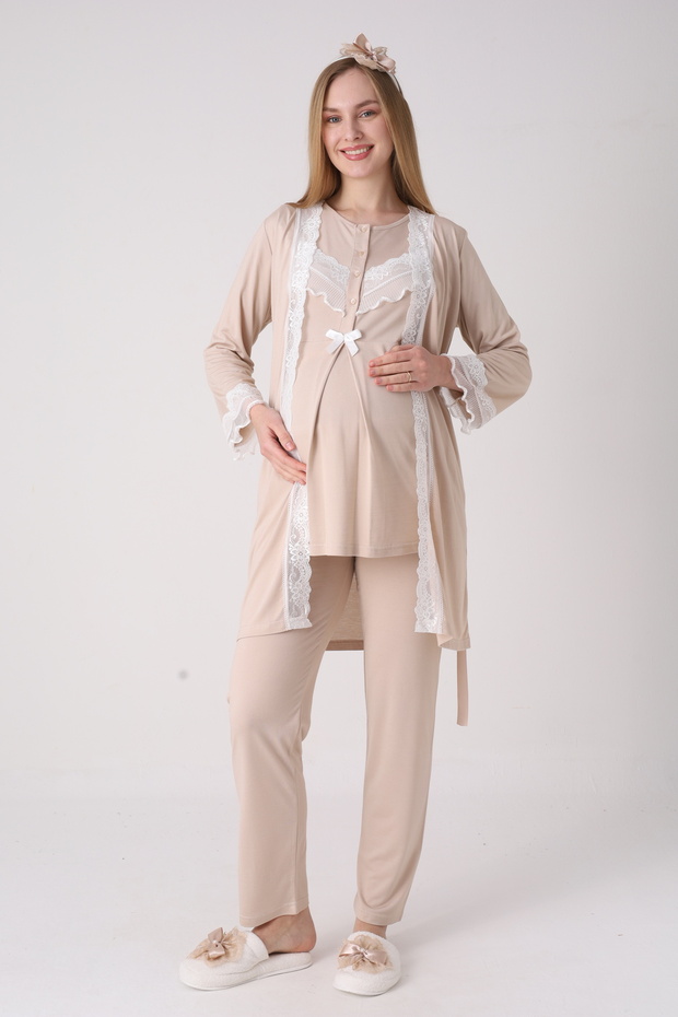 Maternity Pajama Dressing Gown Set Lace Ruffled Buttoned Breastfeeding Cotton 3-Piece Maternity Set