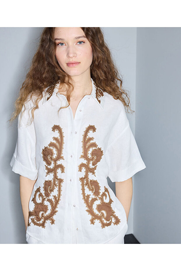 Contrast Embroidered Linen Shirt Jacket