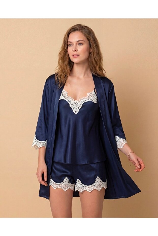 Women's Navy Blue 3-Piece Satin Pajama Set - Lace Robe, Shorts & Camisole Set