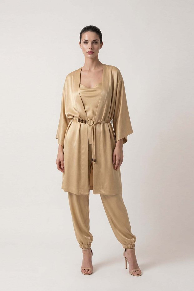 Amber Satin Comfortable Cut Kimono with Waist Belt Detail