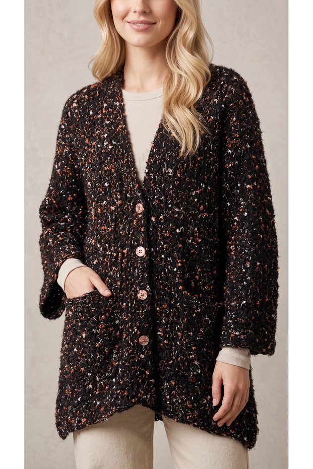 Women's Knitted Cardigan Jacket – Fits Sizes 38-42 – Oversized Stylish Design with Wooden Buttons