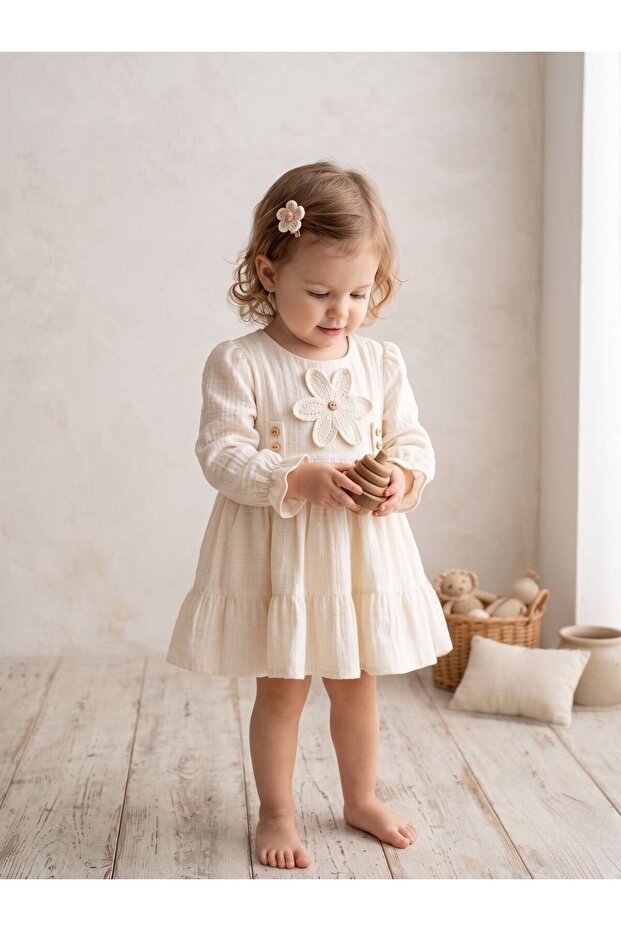 Linen Textured Baby Dress with Button Detail