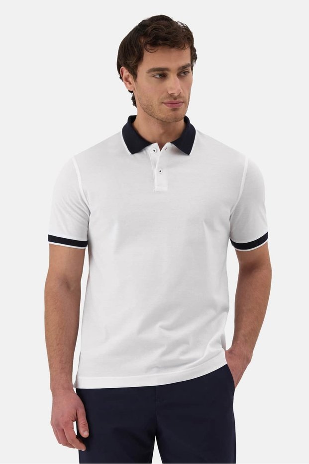 White Cotton Regular Fit Buttoned Men's Striped Polo Collar T-Shirt 9528-01