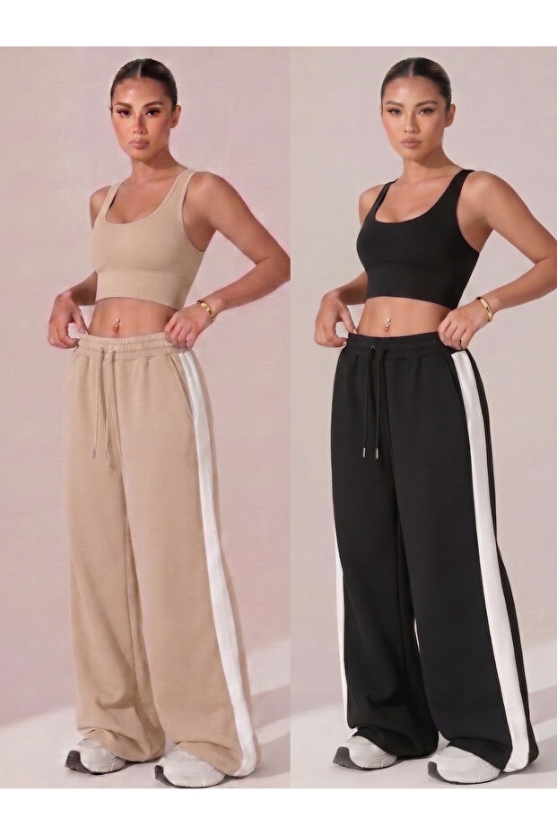 2-Piece Women's Baggy Relaxed Fit White Striped Loose Sweatpants