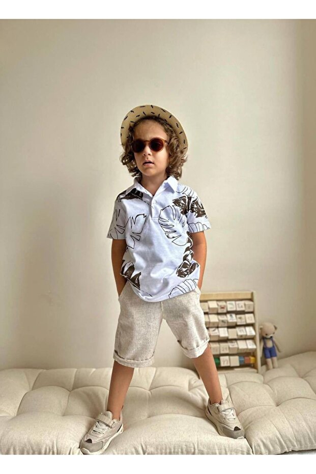 Boys' New Season Leaf Pattern Shirt Shorts Lower and Upper Set