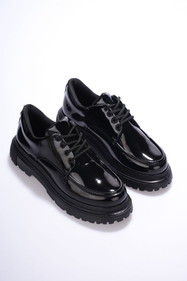Lace-Up Moccasin Shoes Black Patent Leather