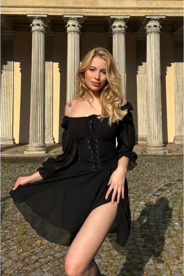 Women's Black Eyelet Detailed Lined Chiffon Mini Dress Yel221113