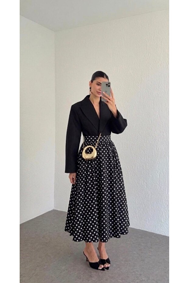 Black Midi Polka Dot Balloon Skirt - 8014