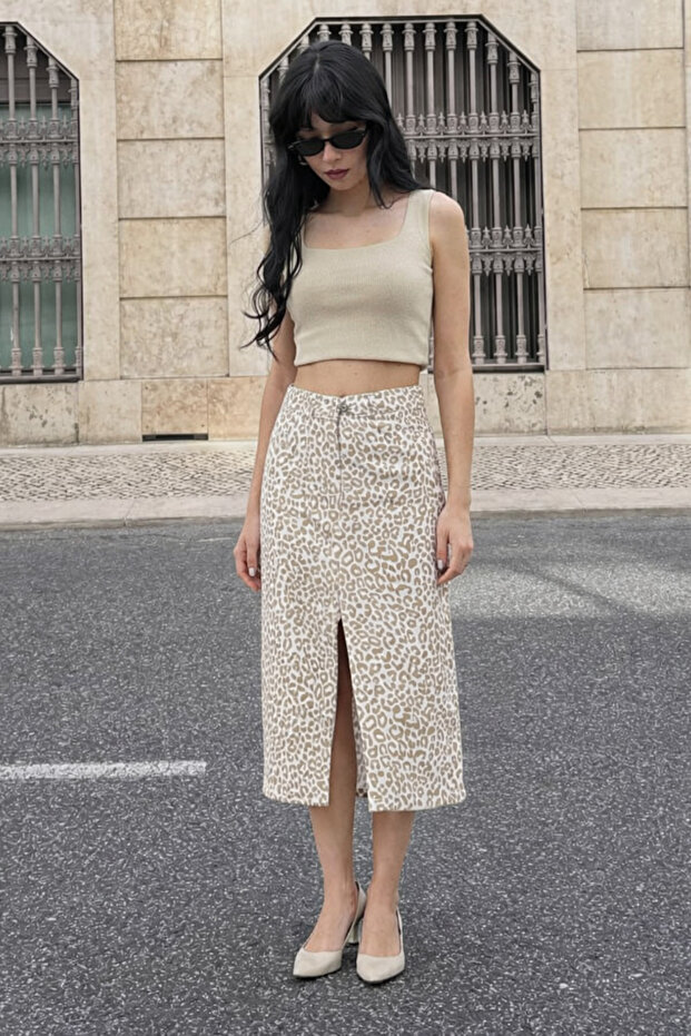 Women's Trendy Cotton Leopard Patterned Slit Beige Midi Denim Skirt