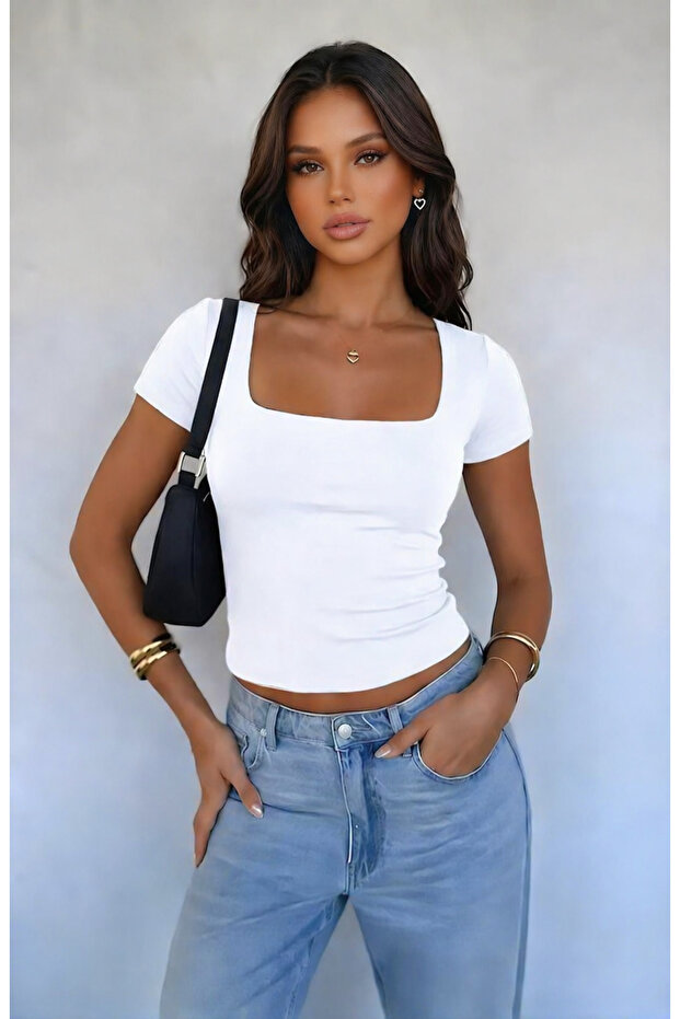 Cotton Soft Textured Comfortable Straight Cut Short Sleeve Square Neck Bluz-Body-Tshirt