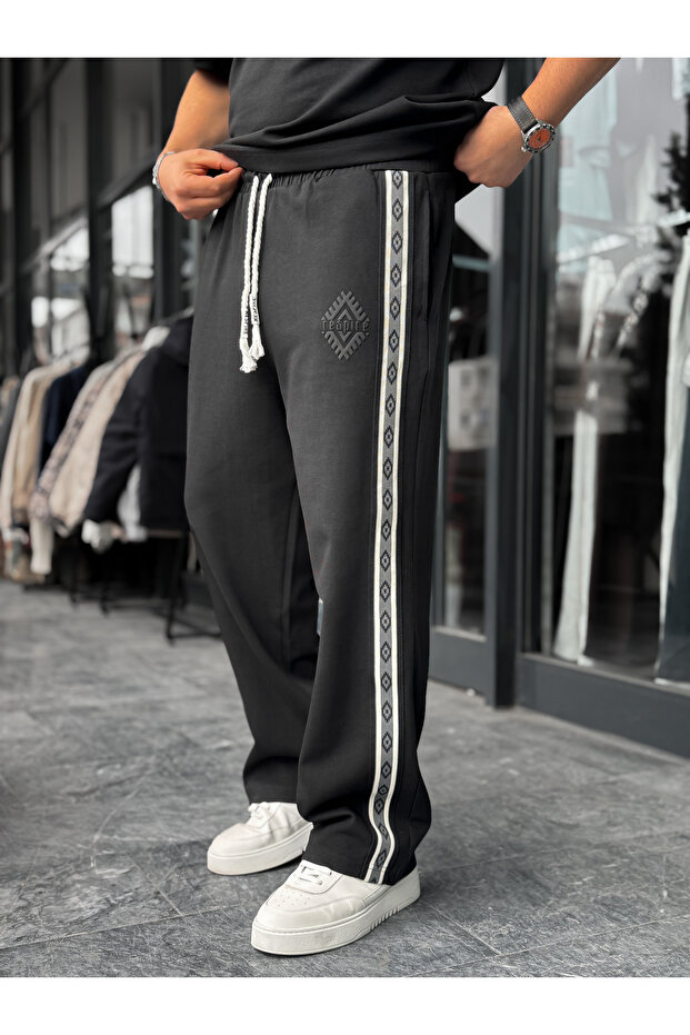 Black Patterned Striped Pipe-Legged Tracksuit Res-1075 - 2