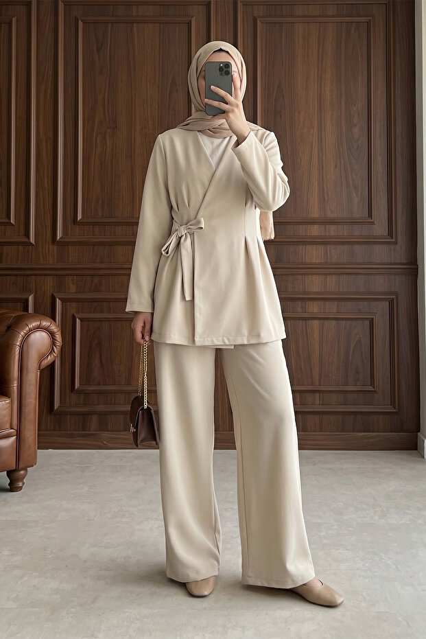 Imported Crepe Double Suit with Pencil Pants and Cross-Tied Front - Beige