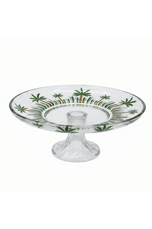 Cy. Chaoyun Footed Glass Fruit Plate with Green Palm Tree Design for Table Presentation