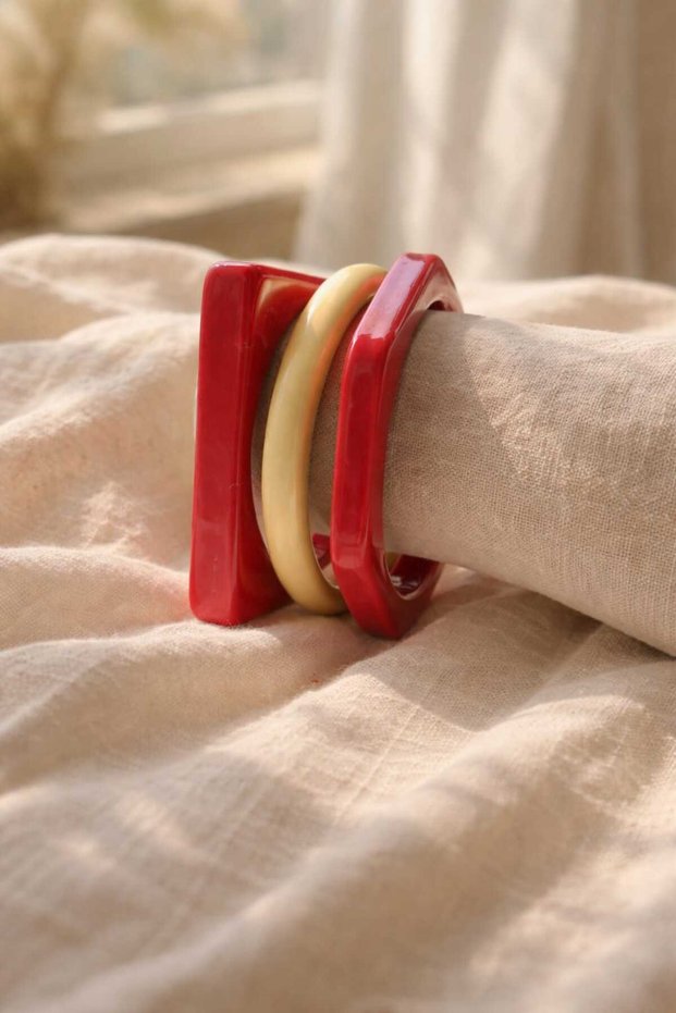 Minimal Bone Bangle Bracelet Set of 3 Red & Gold Timeless Design