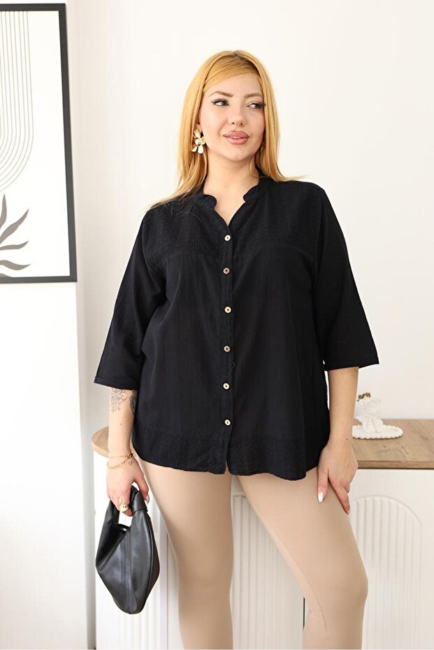 Plus Size Lace Linen Shirt with Collar and Ruffles