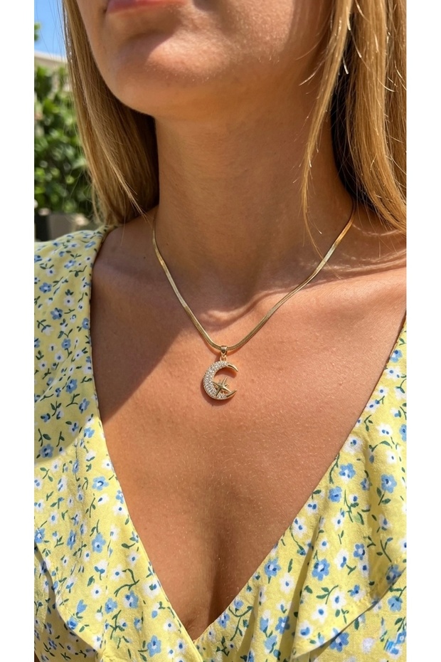 Steel Necklace, Anti-Tarnish, Anti-Allergic, with Moon Figure (2 Years Importer Guarantee)