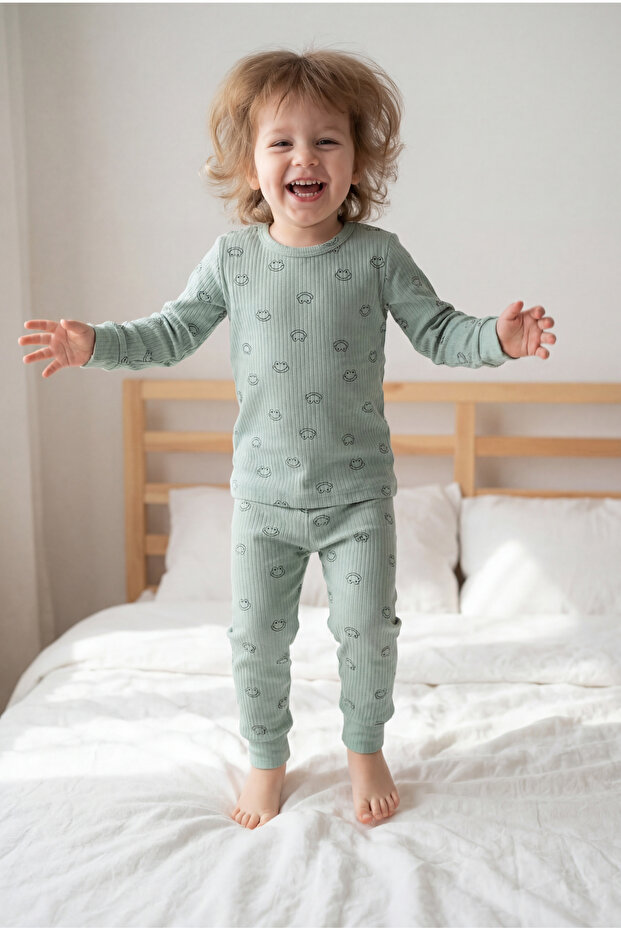 Unisex Girls' and Boys' Pajama Set, 100% Cotton, Ribbed, Soft Textured, Patterned, Long Sleeve, Ages 1-5