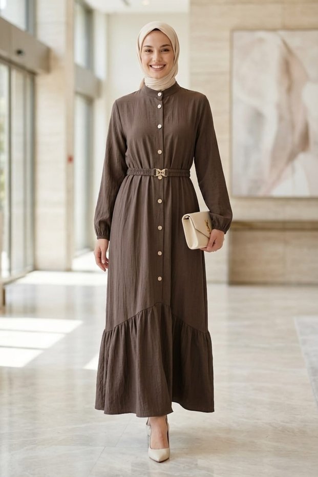 Women's Belted Waist Button Detailed Brown Strawberry Fabric Dress