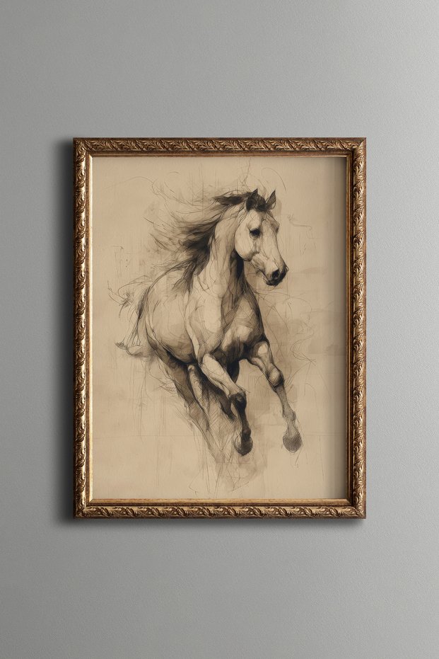 Running Horse Sketch Drawing - Vintage Patterned Frame - Fine Model