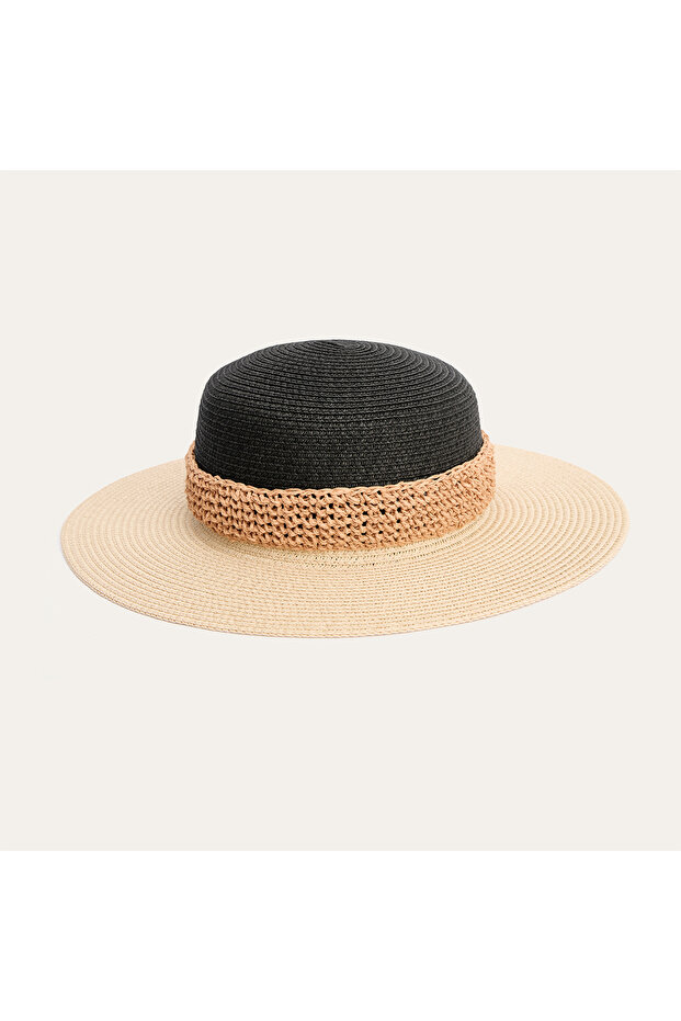 Women's Black Color Block Straw Fedora Hat