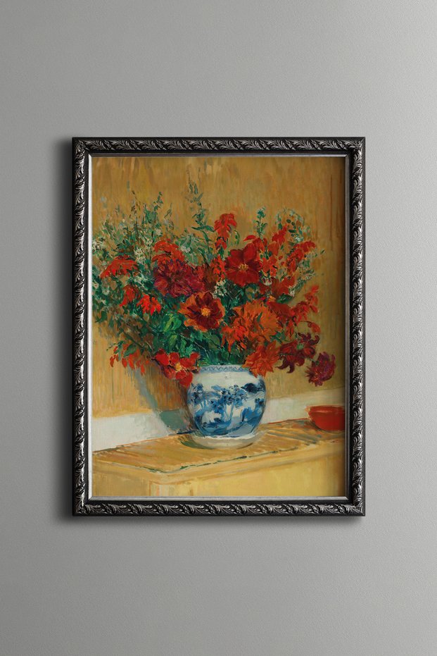 Still Life in a Red Floral Vase - Vintage Patterned Frame - Fine Model