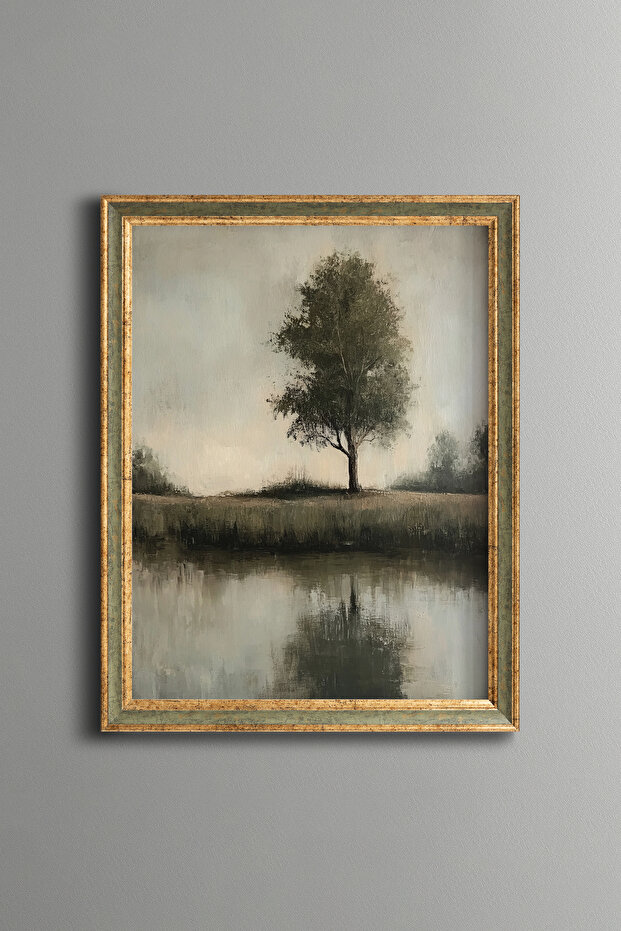 Single Tree by the Lake - Vintage Patterned Frame - Slim Model