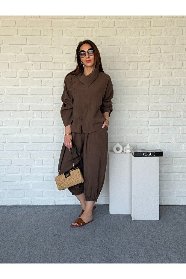High collar tensel shalwar suit coffee