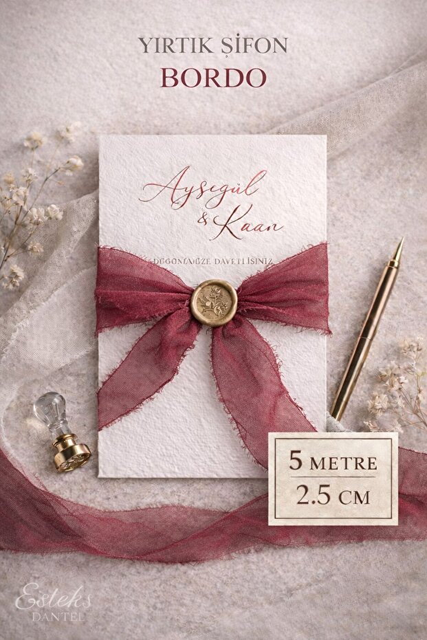 Premium Torn Chiffon Ribbon 2.5 cm 5 Meters Invitation Card, Engagement. Wedding
