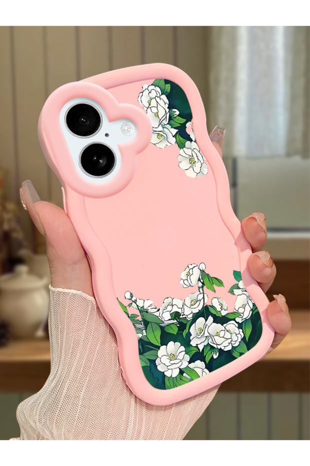 iPhone 16 Plus Compatible Shockproof Simple Pink Silicone Phone Case Flower Pattern