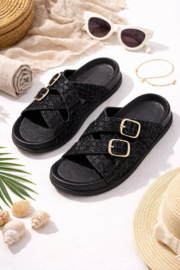 Black Glitter Cross-Strap Women's Slippers - Casual and Beach Chic