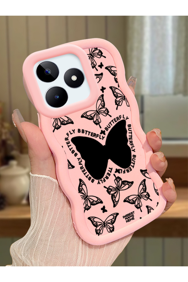 Realme Note 50 Compatible Shockproof Simple Pink Silicone Phone Case Butterfly Pattern