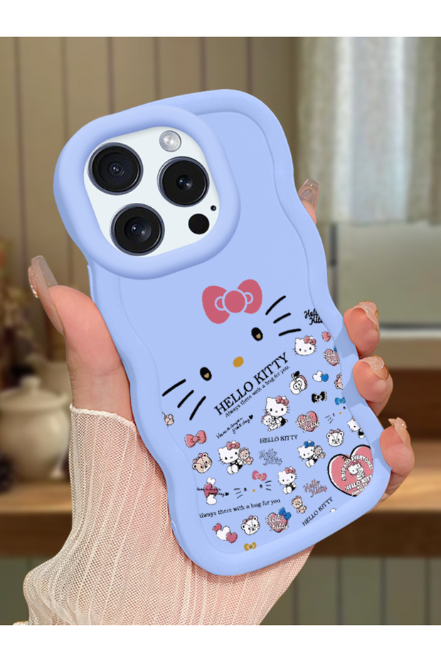 iPhone 16 Pro Compatible Shockproof Simple Blue Silicone Phone Case Hello Kitty Pattern