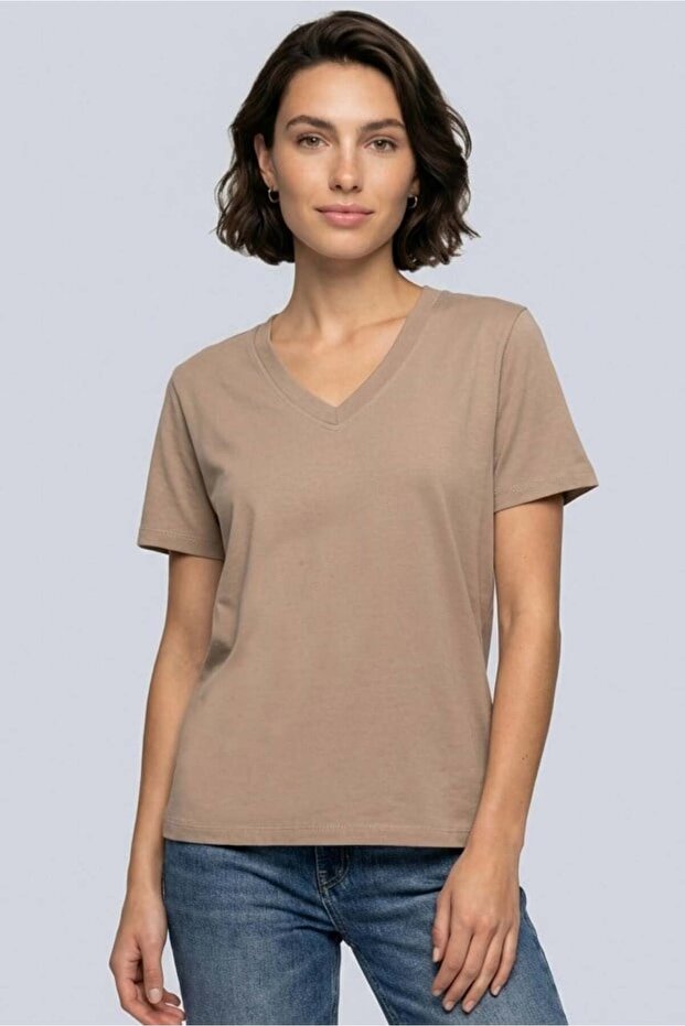 Women's 100% Cotton V-Neck T-Shirt Mink