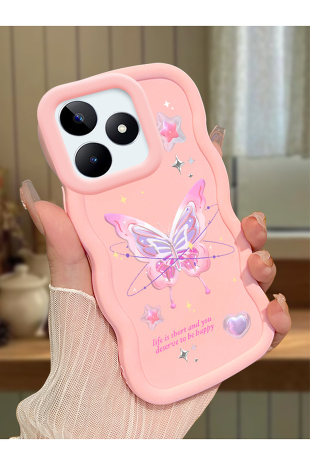 Realme Note 50 Compatible Shockproof Simple Pink Silicone Phone Case Butterfly Pattern