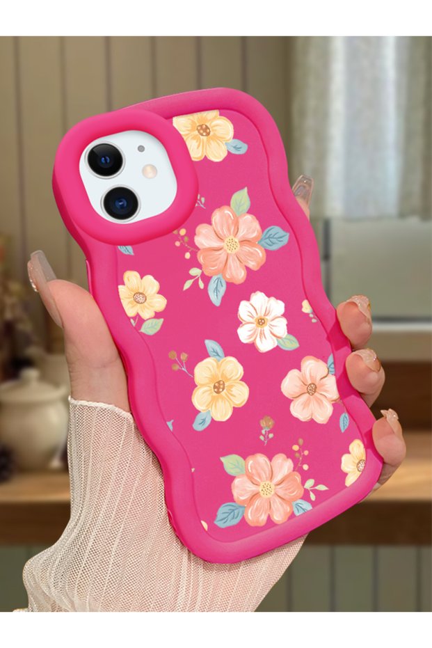 iPhone 12 Compatible Shockproof Simple Red Silicone Phone Case Cover Flower Pattern