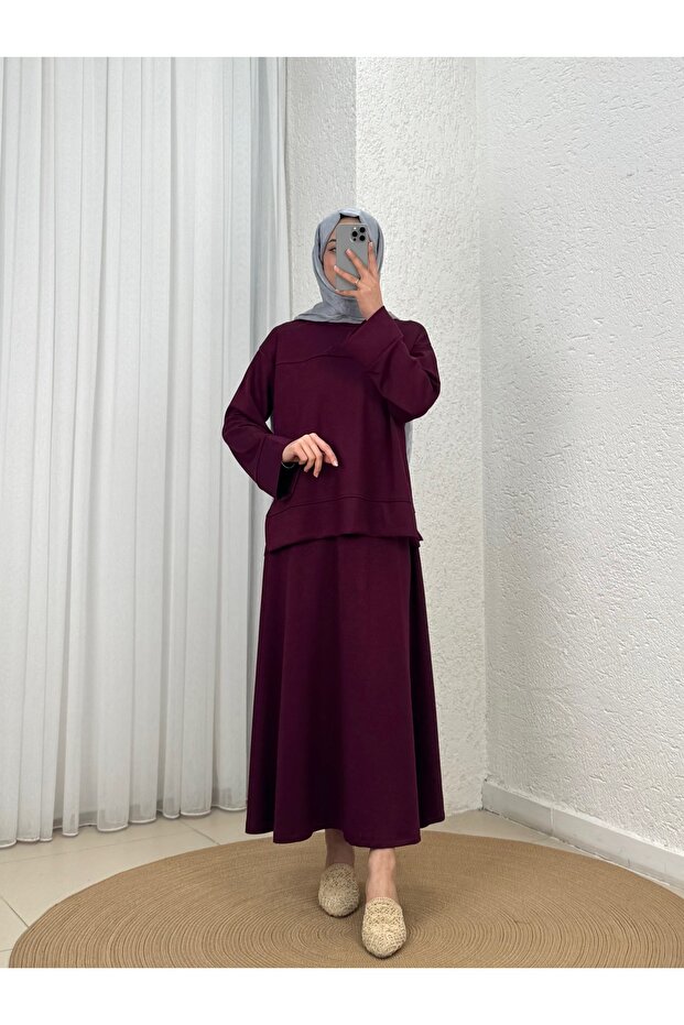 Azime Ribbed Slit Skirt Set-Mf1892 Plum