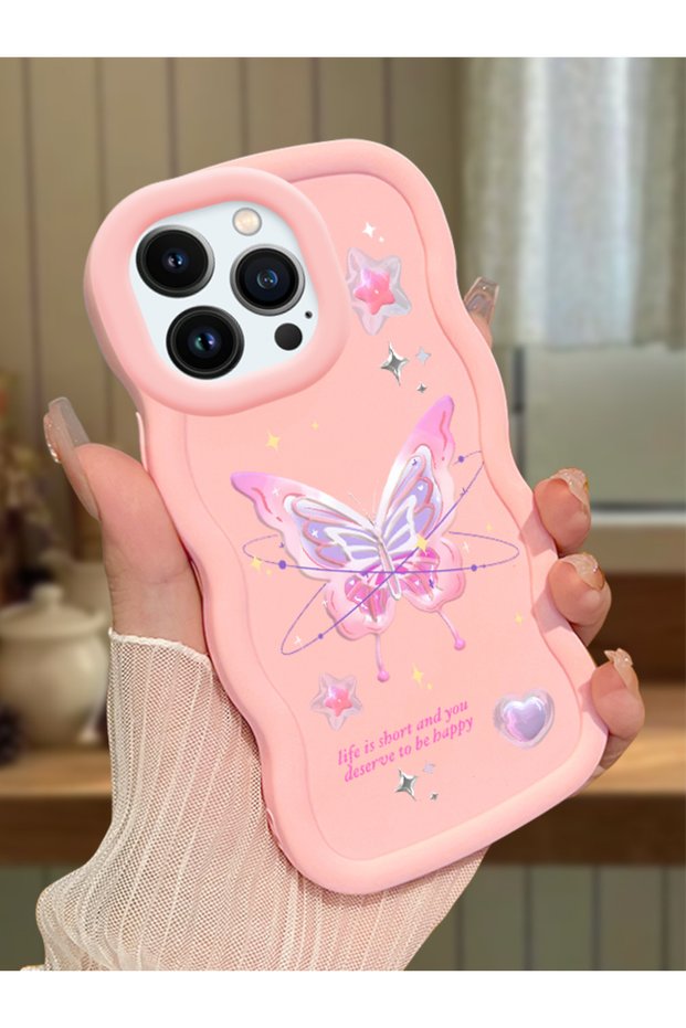 iPhone 13 Pro Compatible Shockproof Simple Pink Silicone Phone Case Butterfly Pattern