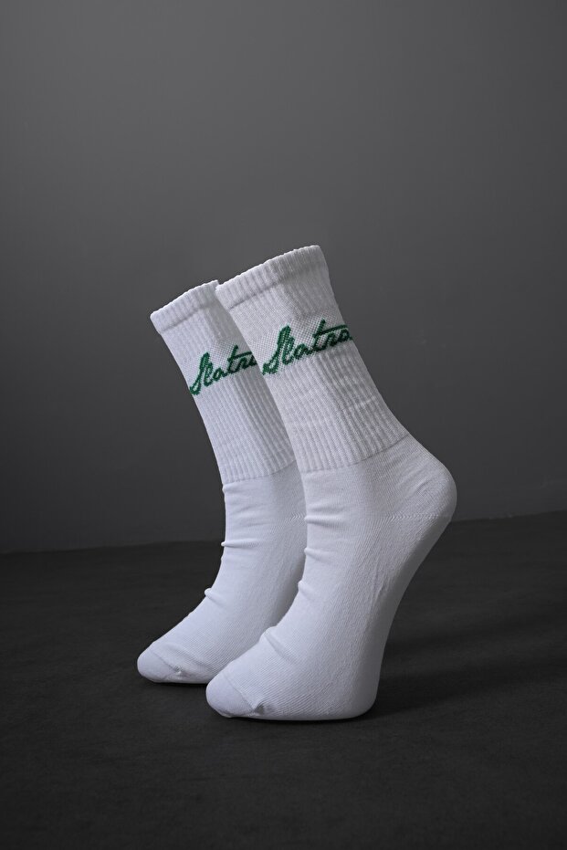 White - Green Text Socks