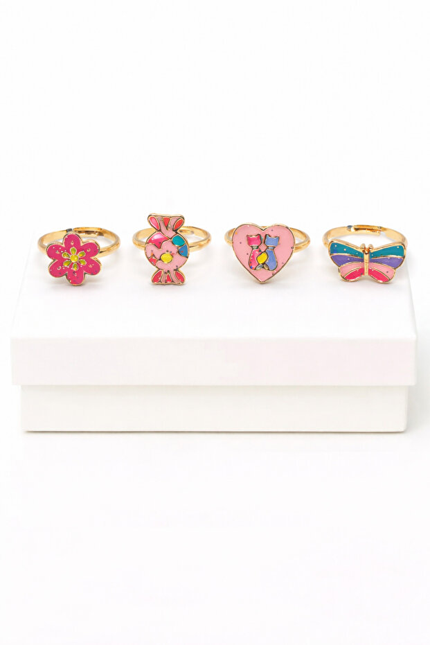 4 Pieces Adjustable Gold Color Flower Rose Rainbow Butterfly Heart Candy Figured Children's Adjustable Ring Set