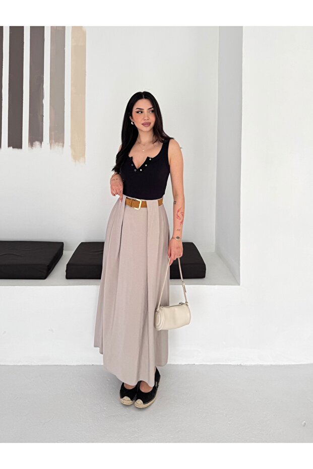 Women's Modal Woven Belt Detailed Comfortable Fit Skirt