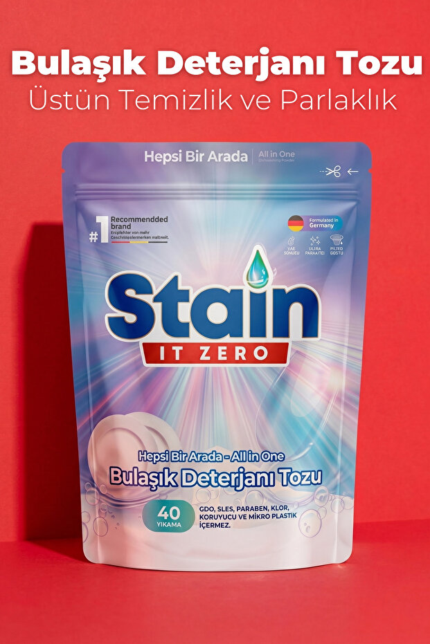 Stain İt Zero Hepsi Bir Arada Toz Bulaşık Makinesi Deterjanı & Güçlü Temizlik Üstün Parlaklık40 Yıkama