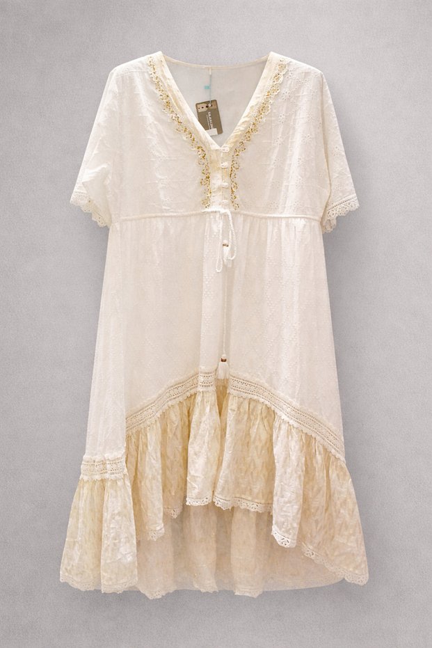 Women's Plus Size Ecru Bohemian Lace Embroidered V-Neck Tassel Authentic Dress