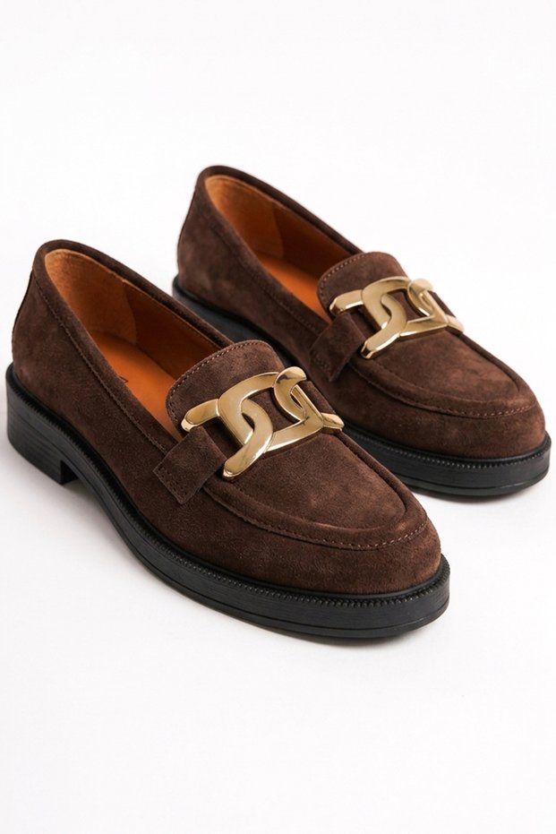 Brown Suede Women's Loafer Shoes Brown Color Genuine Suede Leather Buckle Women's Casual Moccasins