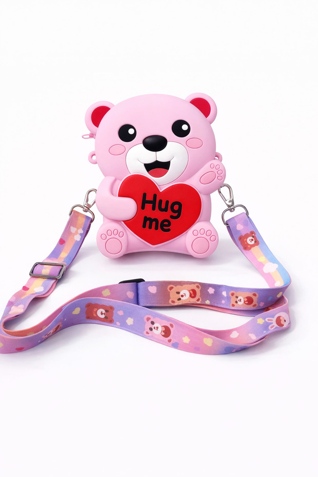 Pink Girl's Silicone Mini Crossbody Bag with Teddy Bear Figure, Hug Me Printed Colorful Strap Shoulder Bag