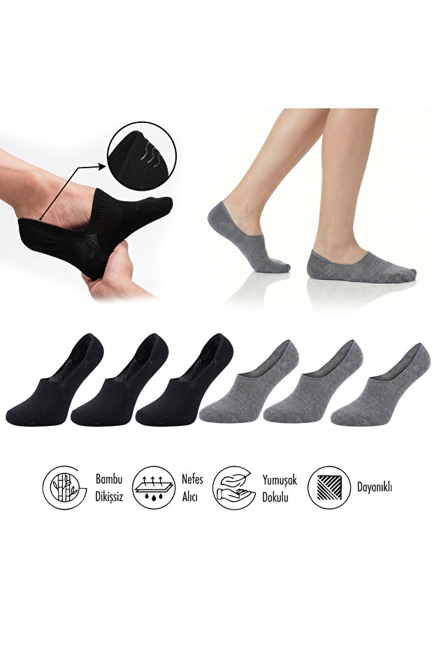Pure Bamboo Women's Ballerina Socks Black-Grey Melange Seamless Invisible Non-Slip Heel Silicone Premium 6-Pack Softaura