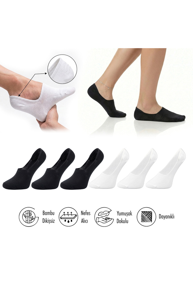 Pure Bamboo Women's Ballerina Socks Black-White Seamless Invisible Non-Slip Heel Silicone Premium 6-Pack Softaura