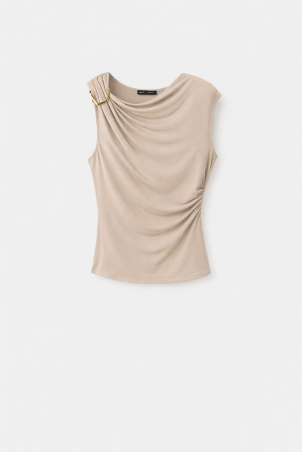 Drapeli Shoulder Buckle Detailed Sleeveless Blouse & Black High Waist Wide Leg Pants Set