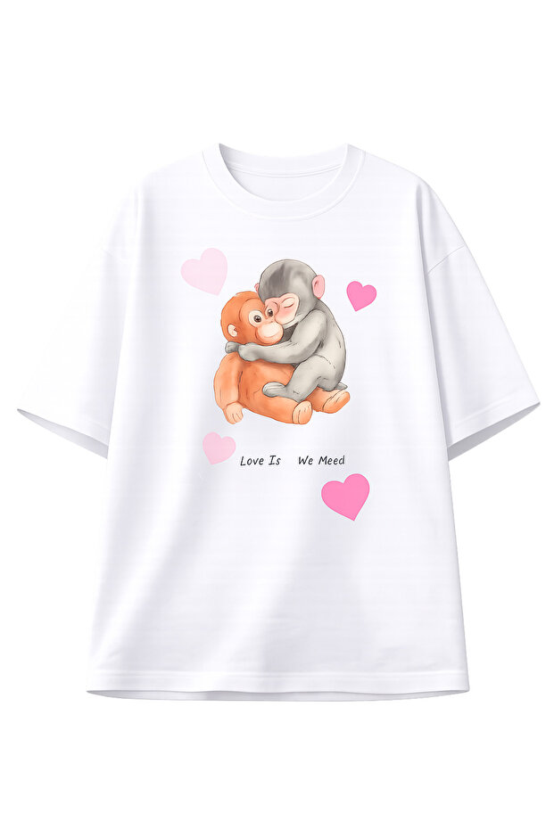 Monkey the Punch Printed Oversize Unisex White T-Shirt - Cute Monkey