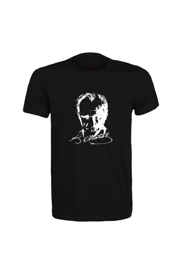 Unisex Black 100% Cotton Regular T-Shirt – White Atatürk Print, Casual T-Shirt