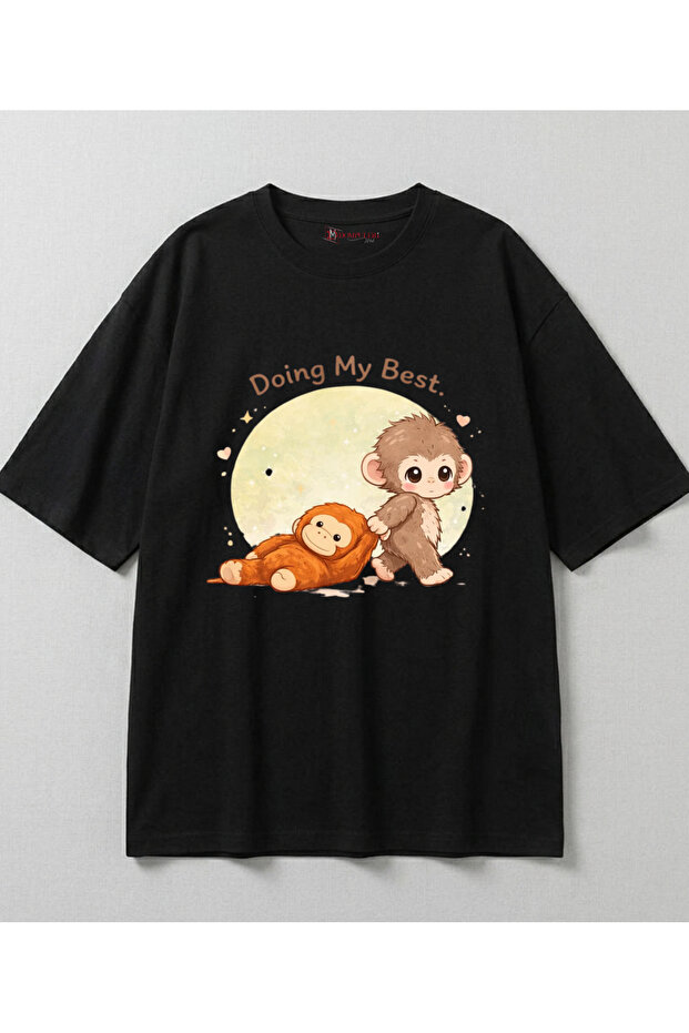 Punch the Monkey Printed Oversize Unisex Black T-Shirt